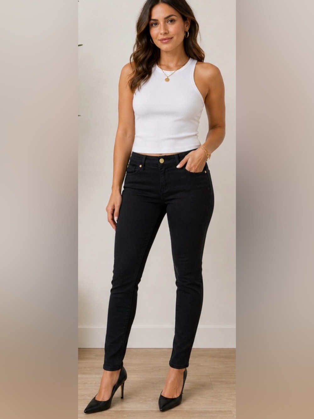 🔥 Rock & Republic Black Skinny Jeans Size 10 Gold Studs Mid Rise Stretch Denim
